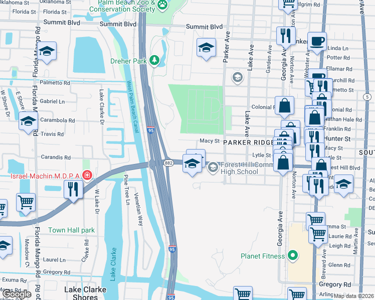 map of restaurants, bars, coffee shops, grocery stores, and more near 1011 Forest Court in West Palm Beach