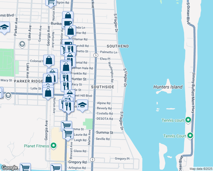 map of restaurants, bars, coffee shops, grocery stores, and more near 220 Gray Street in West Palm Beach