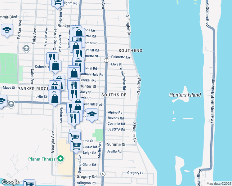 map of restaurants, bars, coffee shops, grocery stores, and more near 220 Gray Street in West Palm Beach