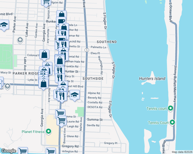 map of restaurants, bars, coffee shops, grocery stores, and more near 220 Gray Street in West Palm Beach