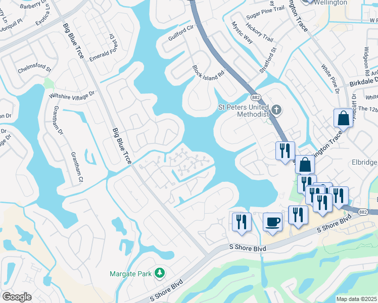 map of restaurants, bars, coffee shops, grocery stores, and more near 1704 Shoreside Circle in Wellington