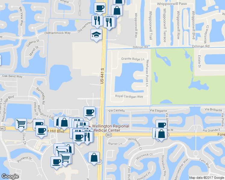 map of restaurants, bars, coffee shops, grocery stores, and more near 1452 Stonehaven Estates Drive in West Palm Beach