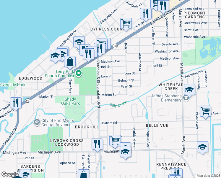 map of restaurants, bars, coffee shops, grocery stores, and more near 1154 Luray Avenue in Fort Myers