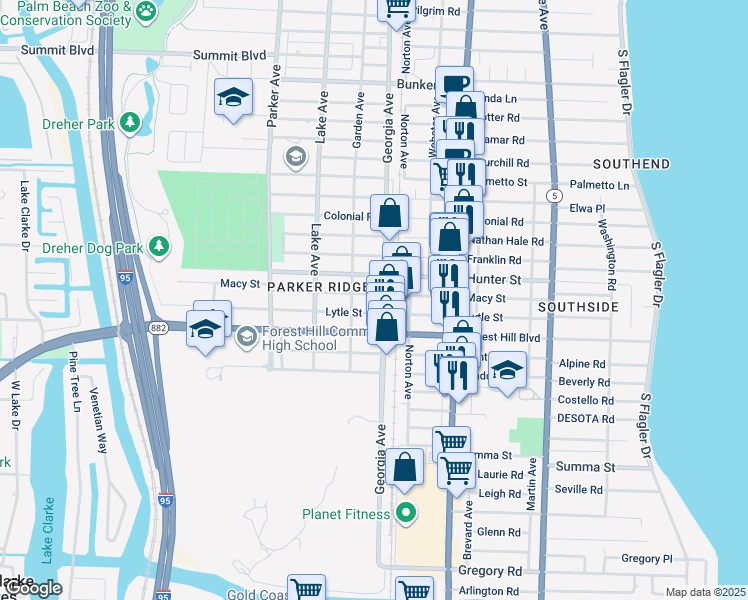 map of restaurants, bars, coffee shops, grocery stores, and more near 618 Macy Street in West Palm Beach