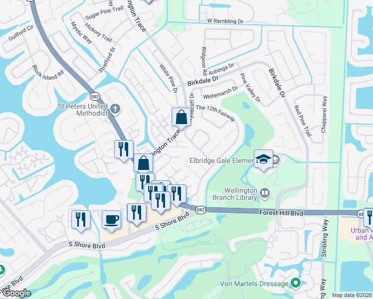 map of restaurants, bars, coffee shops, grocery stores, and more near 1621 Wyndcliff Drive in Wellington