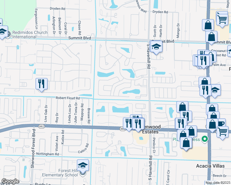 map of restaurants, bars, coffee shops, grocery stores, and more near 1430 Pines Lane in West Palm Beach