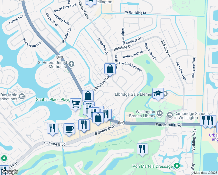 map of restaurants, bars, coffee shops, grocery stores, and more near 11888 Brier Patch Court in Wellington