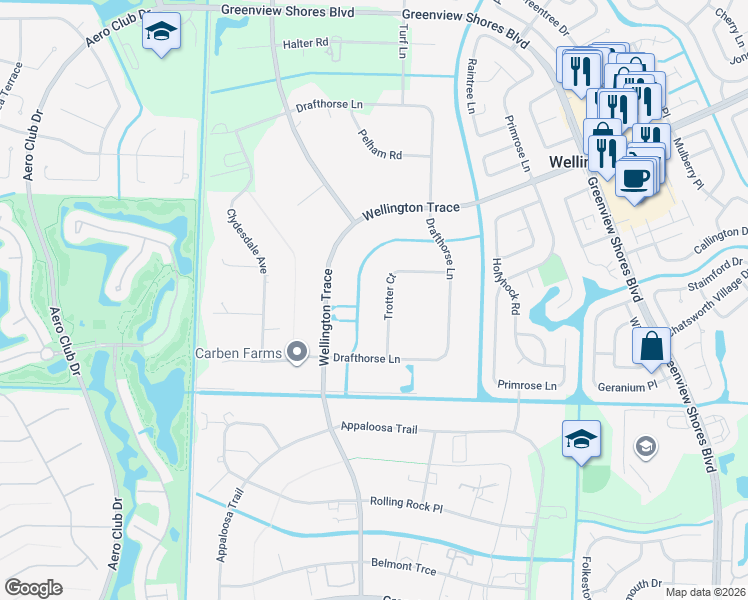 map of restaurants, bars, coffee shops, grocery stores, and more near 1713 Trotter Court in Wellington