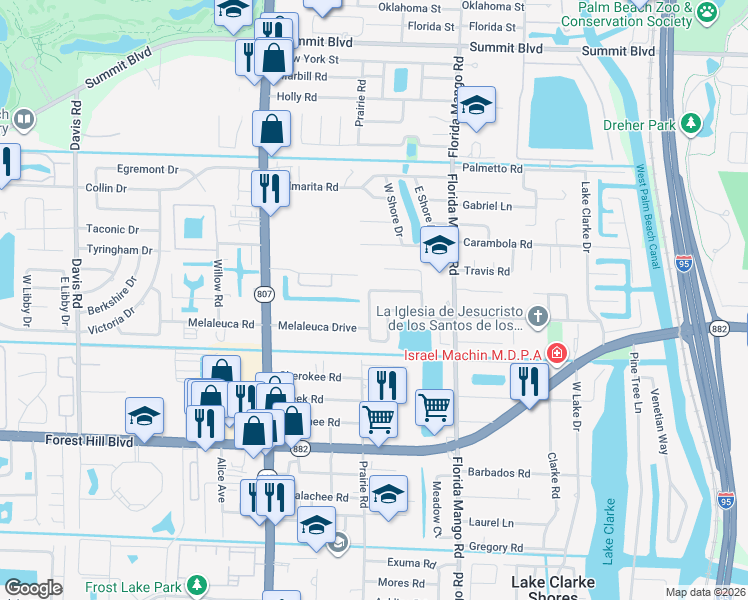 map of restaurants, bars, coffee shops, grocery stores, and more near 2665 Starwood Circle in West Palm Beach