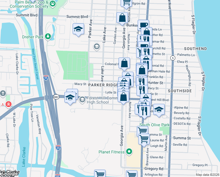 map of restaurants, bars, coffee shops, grocery stores, and more near 710 Macy Street in West Palm Beach