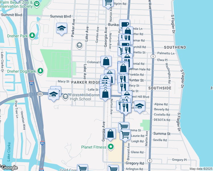 map of restaurants, bars, coffee shops, grocery stores, and more near 618 Macy Street in West Palm Beach