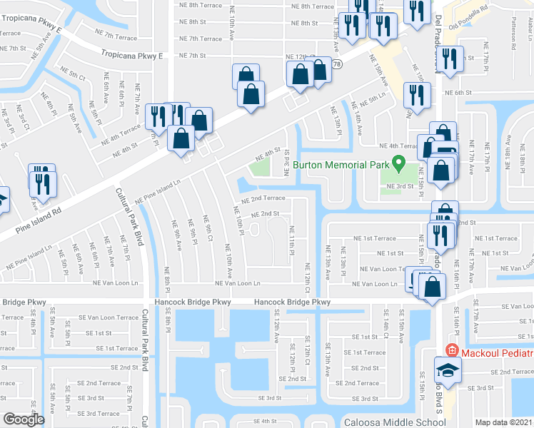 map of restaurants, bars, coffee shops, grocery stores, and more near 1000-1198 Northeast 2nd Street in Cape Coral