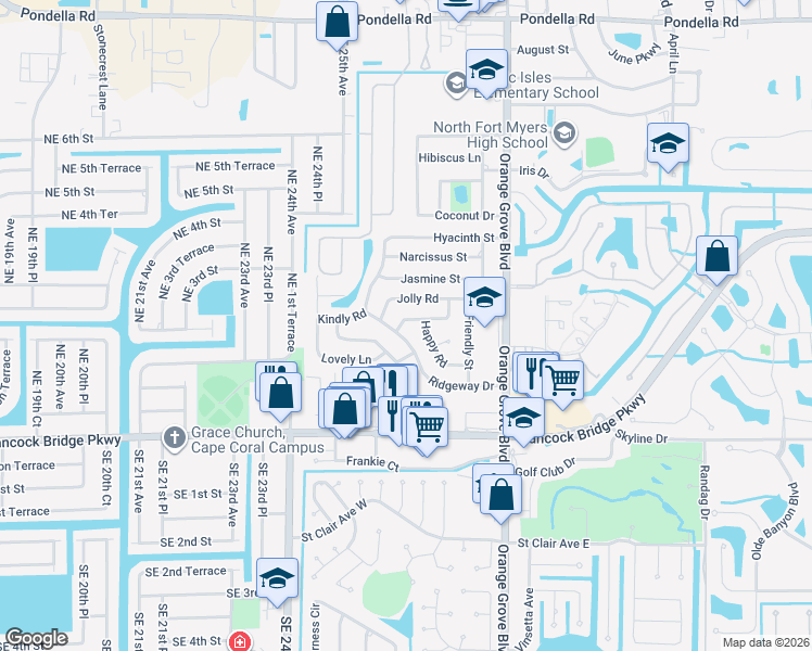 map of restaurants, bars, coffee shops, grocery stores, and more near 977 Hearty Street in North Fort Myers