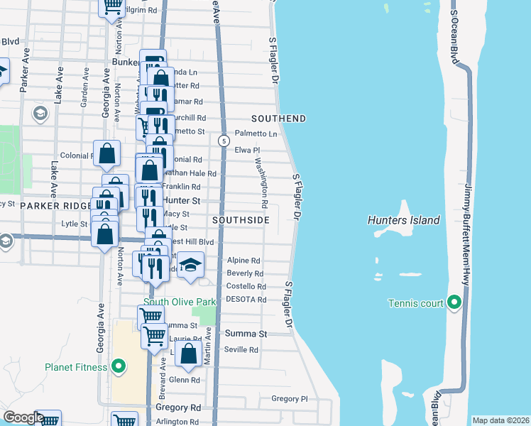map of restaurants, bars, coffee shops, grocery stores, and more near 6600 Washington Road in West Palm Beach