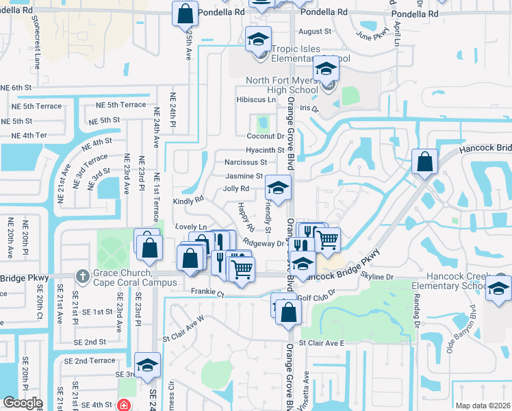 map of restaurants, bars, coffee shops, grocery stores, and more near 941 Hearty Street in North Fort Myers