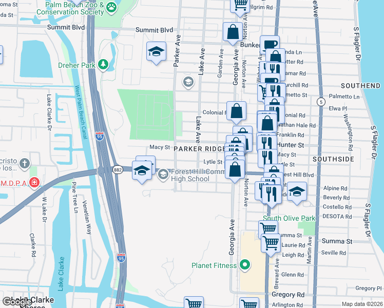 map of restaurants, bars, coffee shops, grocery stores, and more near 808 Macy Street in West Palm Beach