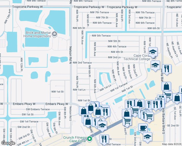 map of restaurants, bars, coffee shops, grocery stores, and more near 241 Northwest 6th Place in Cape Coral