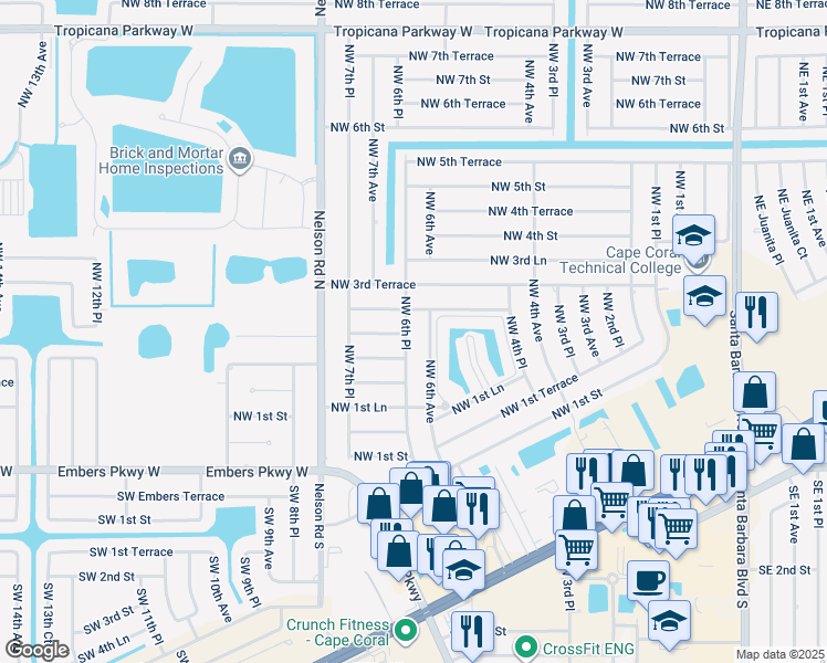 map of restaurants, bars, coffee shops, grocery stores, and more near 241 Northwest 6th Place in Cape Coral