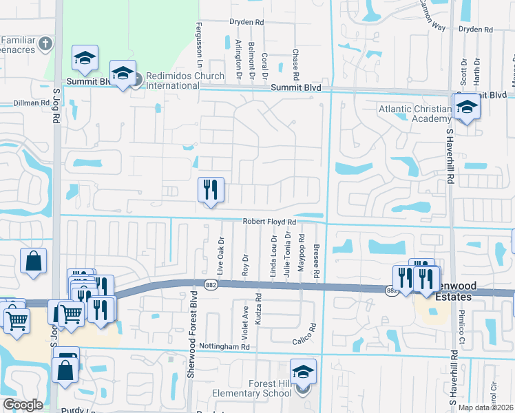 map of restaurants, bars, coffee shops, grocery stores, and more near 5871 Azalea Circle in West Palm Beach