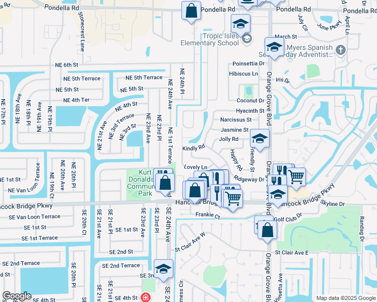 map of restaurants, bars, coffee shops, grocery stores, and more near 1073 Winsome Road in North Fort Myers