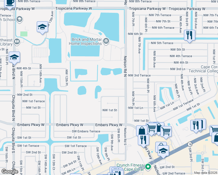 map of restaurants, bars, coffee shops, grocery stores, and more near 835 Whispering Pines Road in Cape Coral