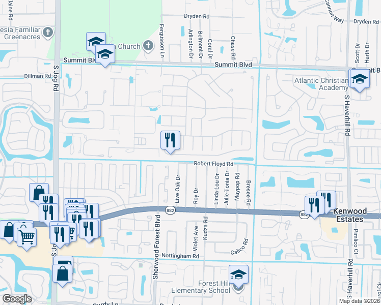 map of restaurants, bars, coffee shops, grocery stores, and more near 5965 Azalea Circle in West Palm Beach