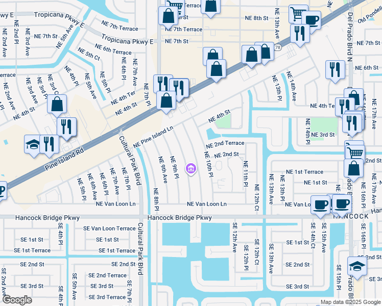 map of restaurants, bars, coffee shops, grocery stores, and more near 205 Northeast 10th Avenue in Cape Coral