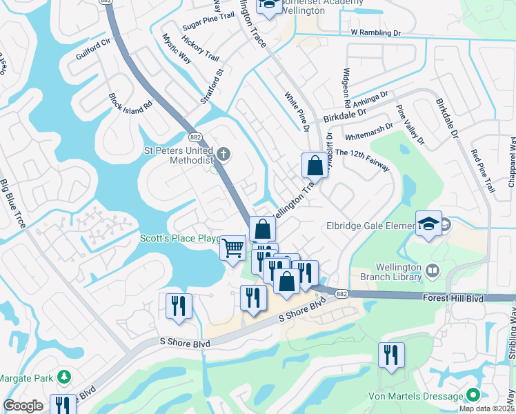 map of restaurants, bars, coffee shops, grocery stores, and more near 12053 Basin Street North in Wellington