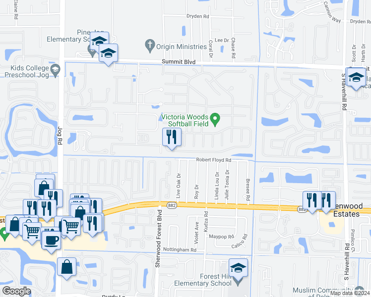 map of restaurants, bars, coffee shops, grocery stores, and more near 5965 Azalea Circle in West Palm Beach