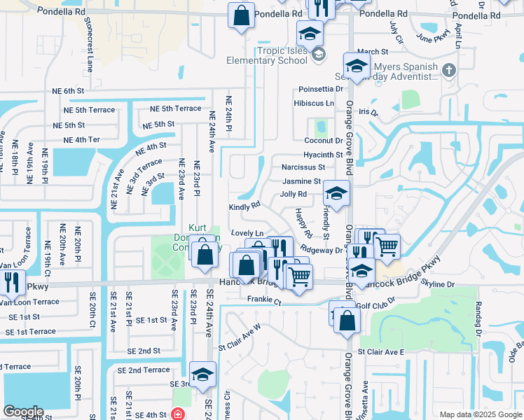 map of restaurants, bars, coffee shops, grocery stores, and more near 1031 Ridgeway Drive in North Fort Myers