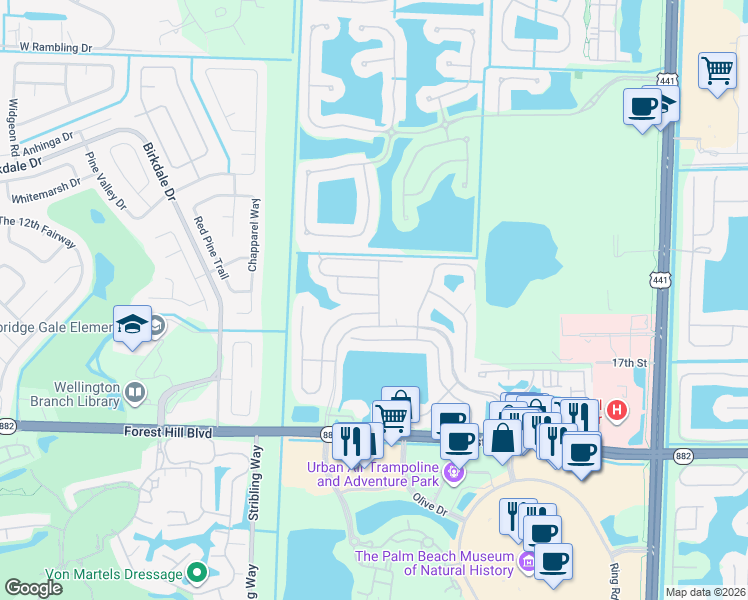 map of restaurants, bars, coffee shops, grocery stores, and more near 10706 Hidden Bend Way in Wellington