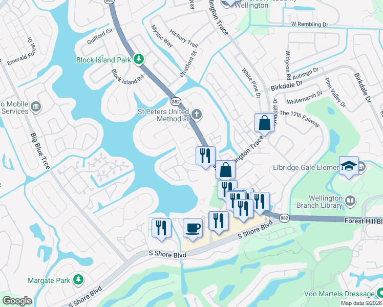 map of restaurants, bars, coffee shops, grocery stores, and more near 1611 Cabot Lane in Wellington