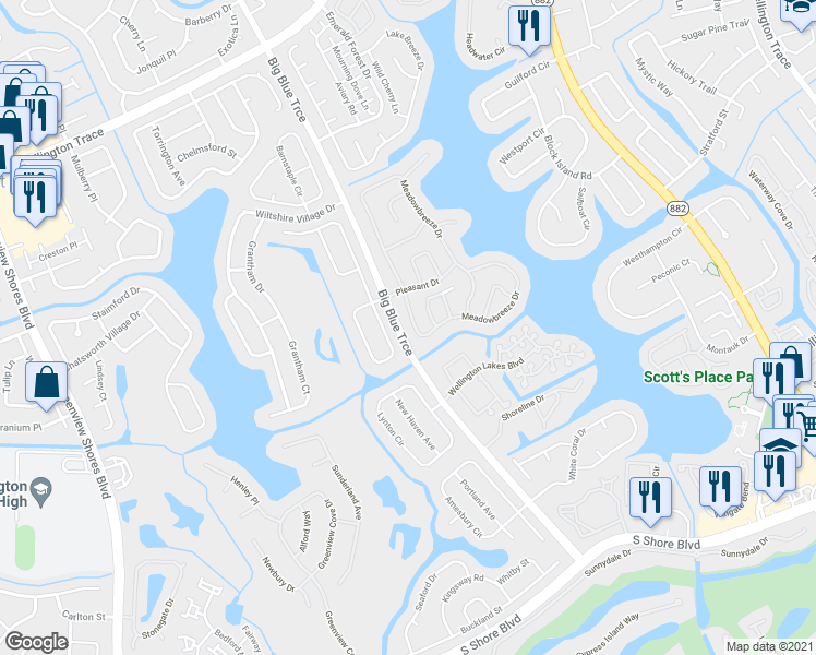 map of restaurants, bars, coffee shops, grocery stores, and more near 12972 Meadowbreeze Drive in Wellington