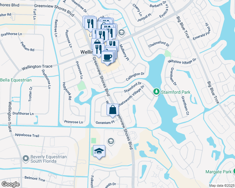 map of restaurants, bars, coffee shops, grocery stores, and more near 13770 Staimford Drive in Wellington