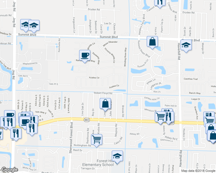 map of restaurants, bars, coffee shops, grocery stores, and more near 5769 Azalea Circle in West Palm Beach