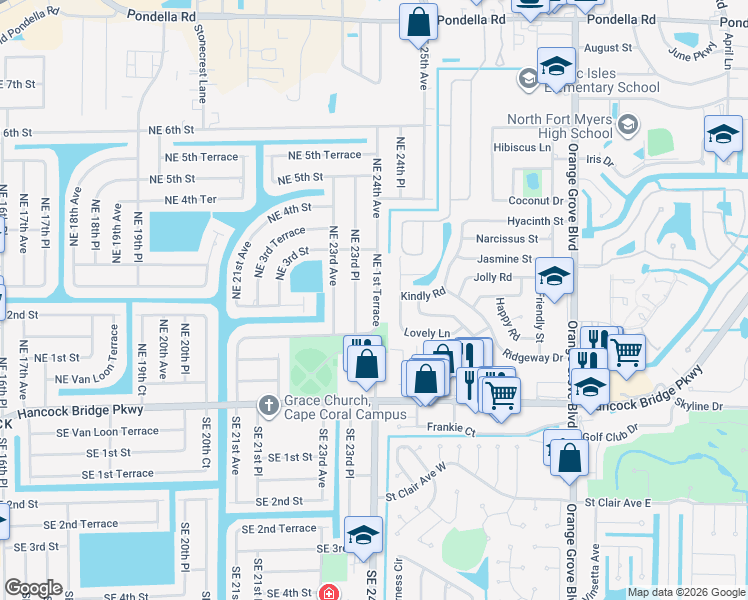 map of restaurants, bars, coffee shops, grocery stores, and more near 202 Northeast 1st Terrace in Cape Coral