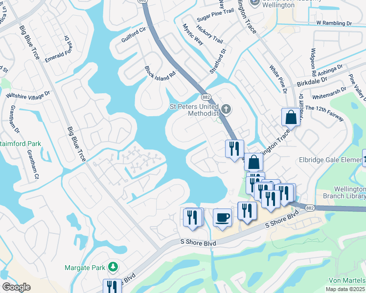 map of restaurants, bars, coffee shops, grocery stores, and more near 12444 Westhampton Circle in Wellington