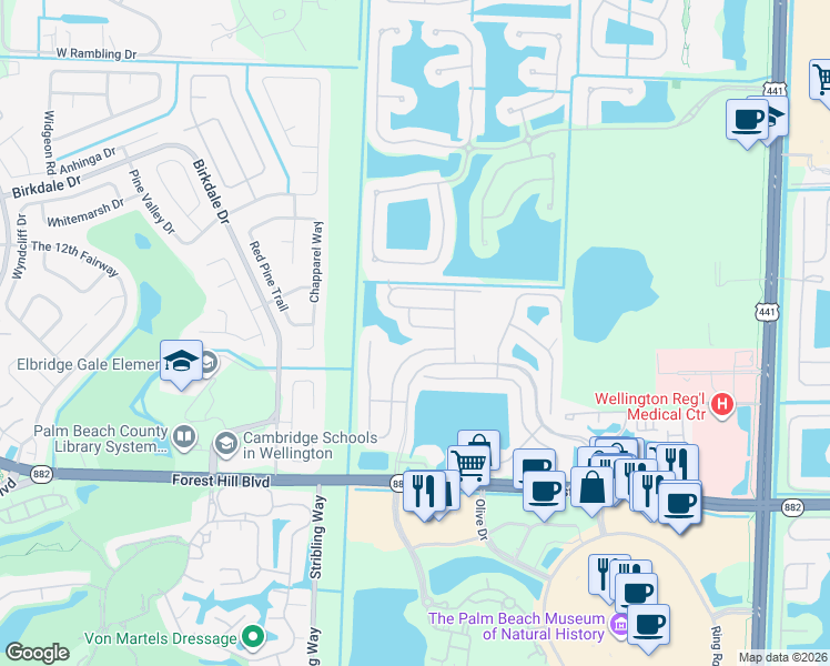 map of restaurants, bars, coffee shops, grocery stores, and more near 10754 Hidden Bend Way in Wellington