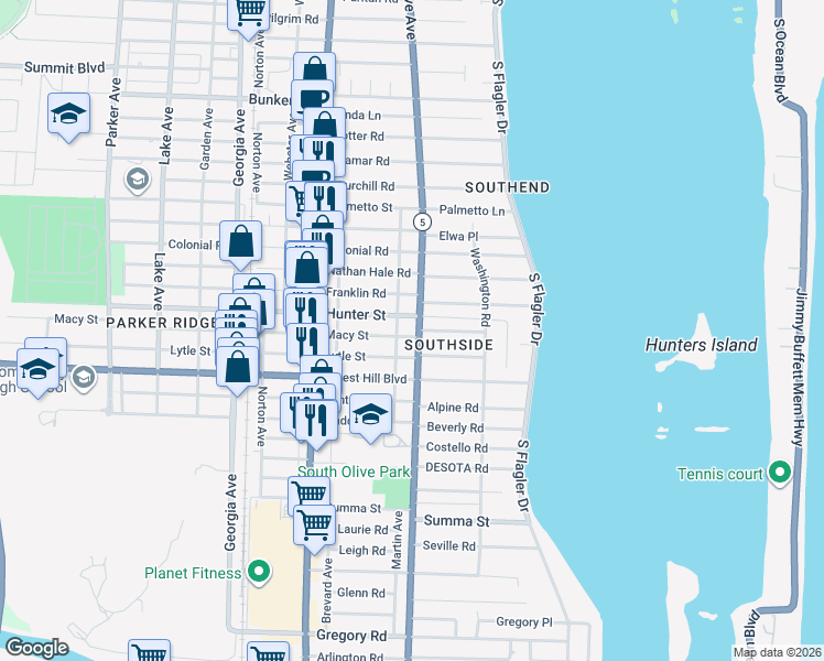 map of restaurants, bars, coffee shops, grocery stores, and more near 301 Macy Street in West Palm Beach