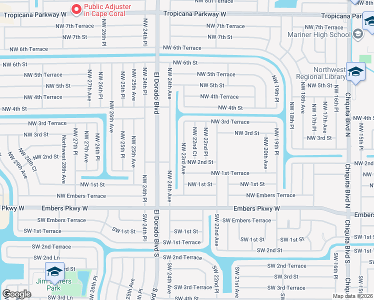 map of restaurants, bars, coffee shops, grocery stores, and more near 213 Northwest 23rd Avenue in Cape Coral