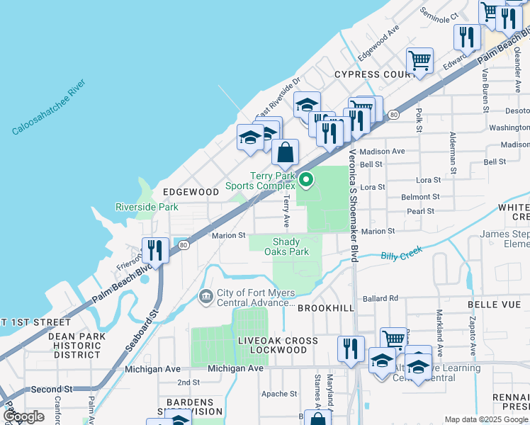 map of restaurants, bars, coffee shops, grocery stores, and more near 3327 Highland Avenue in Fort Myers