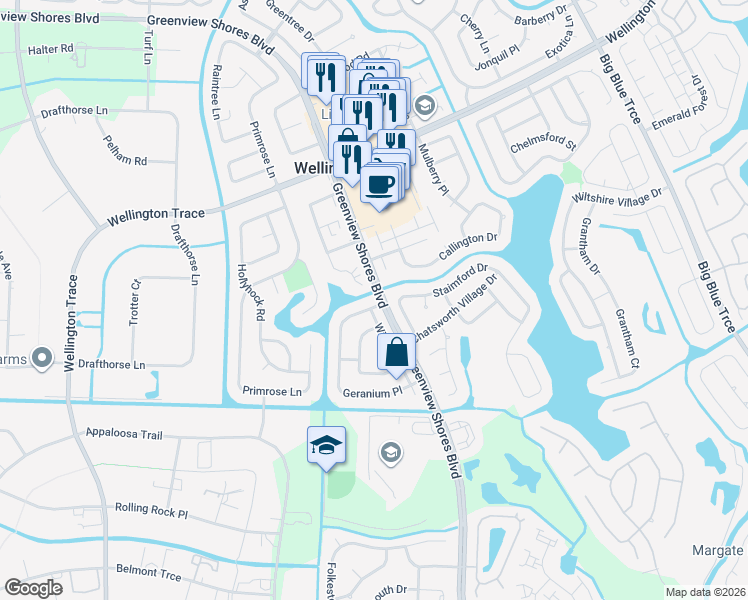 map of restaurants, bars, coffee shops, grocery stores, and more near 13977 Geranium Place in Wellington