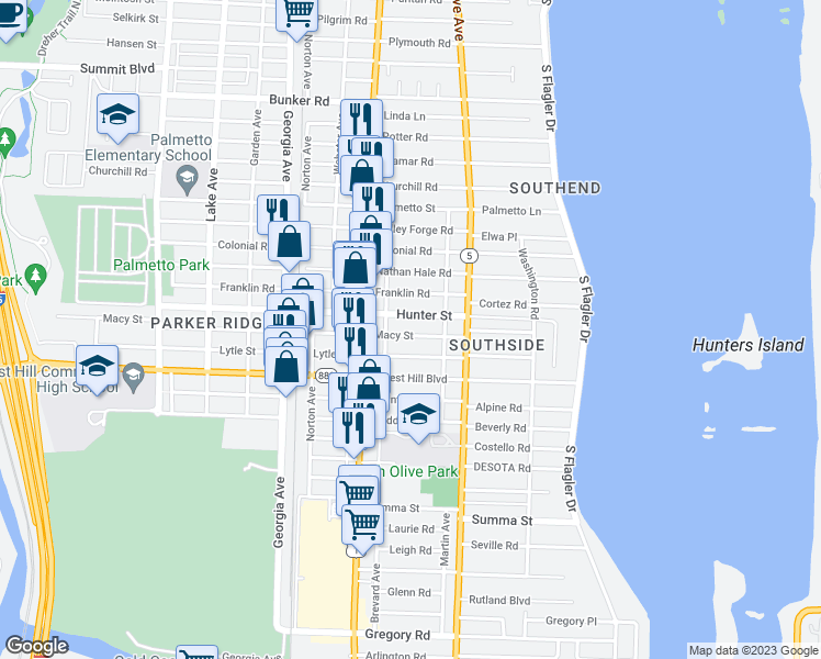 map of restaurants, bars, coffee shops, grocery stores, and more near 355 Macy Street in West Palm Beach