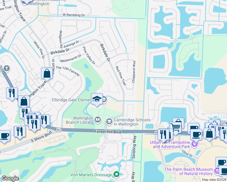 map of restaurants, bars, coffee shops, grocery stores, and more near 11321 Torchwood Court in Wellington