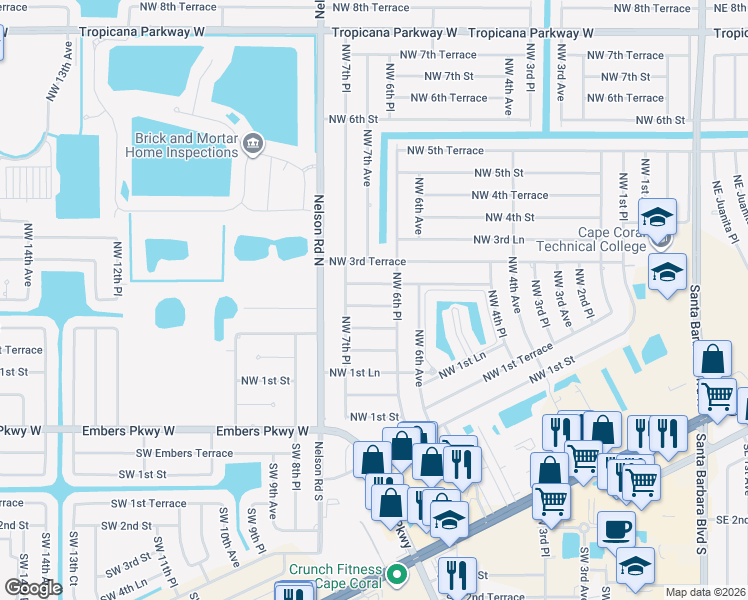 map of restaurants, bars, coffee shops, grocery stores, and more near 631 Northwest 2nd Lane in Cape Coral