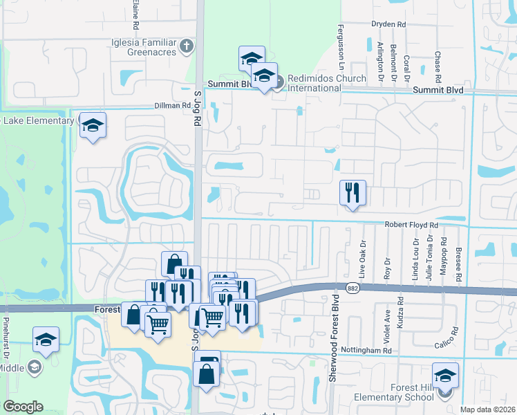 map of restaurants, bars, coffee shops, grocery stores, and more near 1166 Pinewood Lake Court in Greenacres