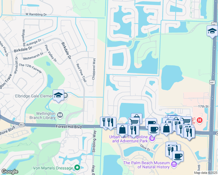 map of restaurants, bars, coffee shops, grocery stores, and more near 1823 Oak Berry Circle in Wellington