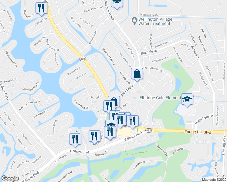 map of restaurants, bars, coffee shops, grocery stores, and more near 12043 Basin Street in Wellington