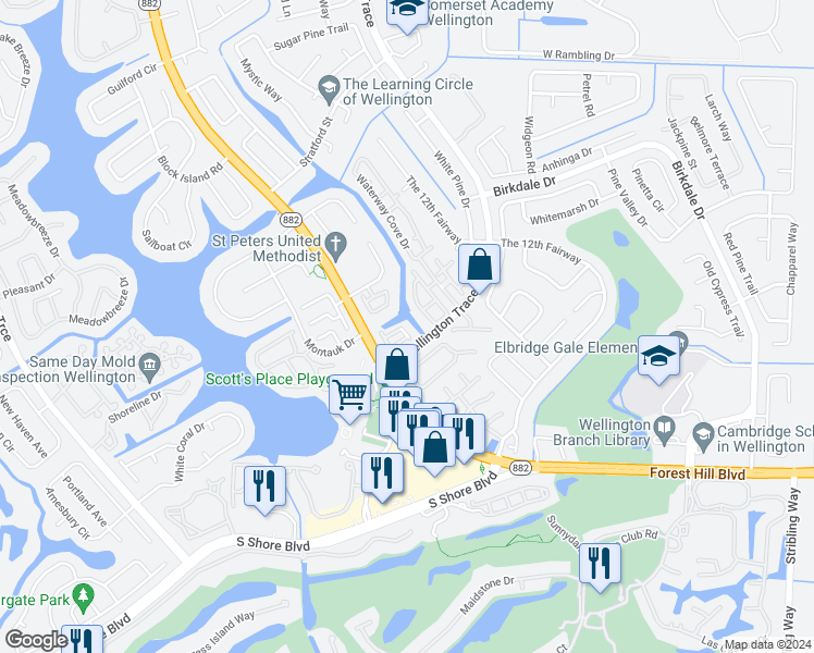 map of restaurants, bars, coffee shops, grocery stores, and more near 12024 Basin Street East in Wellington
