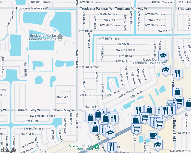 map of restaurants, bars, coffee shops, grocery stores, and more near 241 Northwest 6th Place in Cape Coral